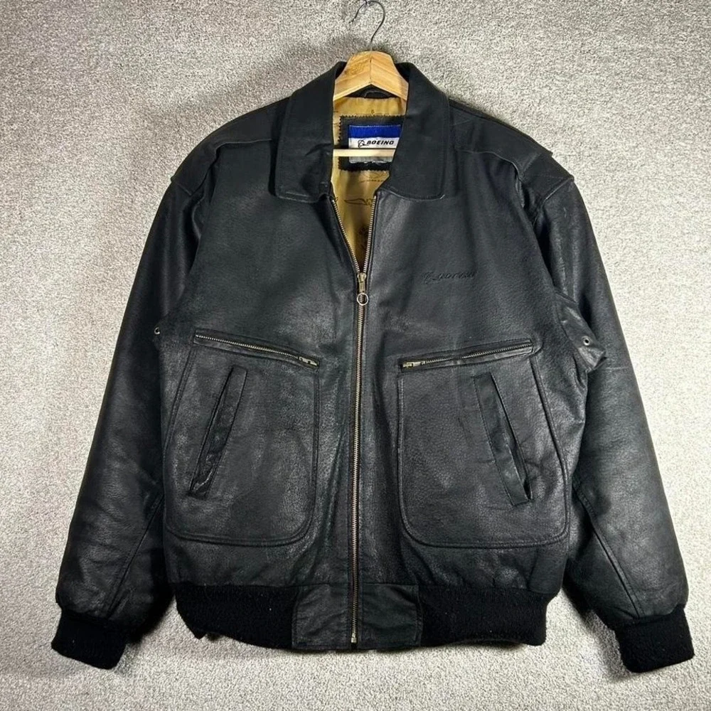 Vintage Boeing black leather A-2 style zip up bomber jacket